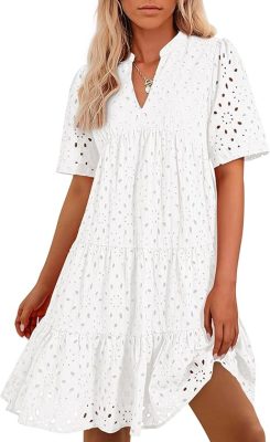 Women's V Neck Short Sleeve Hollow Out Mini Vacation Dress (Buy 2 Free Shipping)