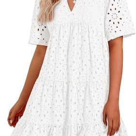 Women's V Neck Short Sleeve Hollow Out Mini Vacation Dress (Buy 2 Free Shipping)